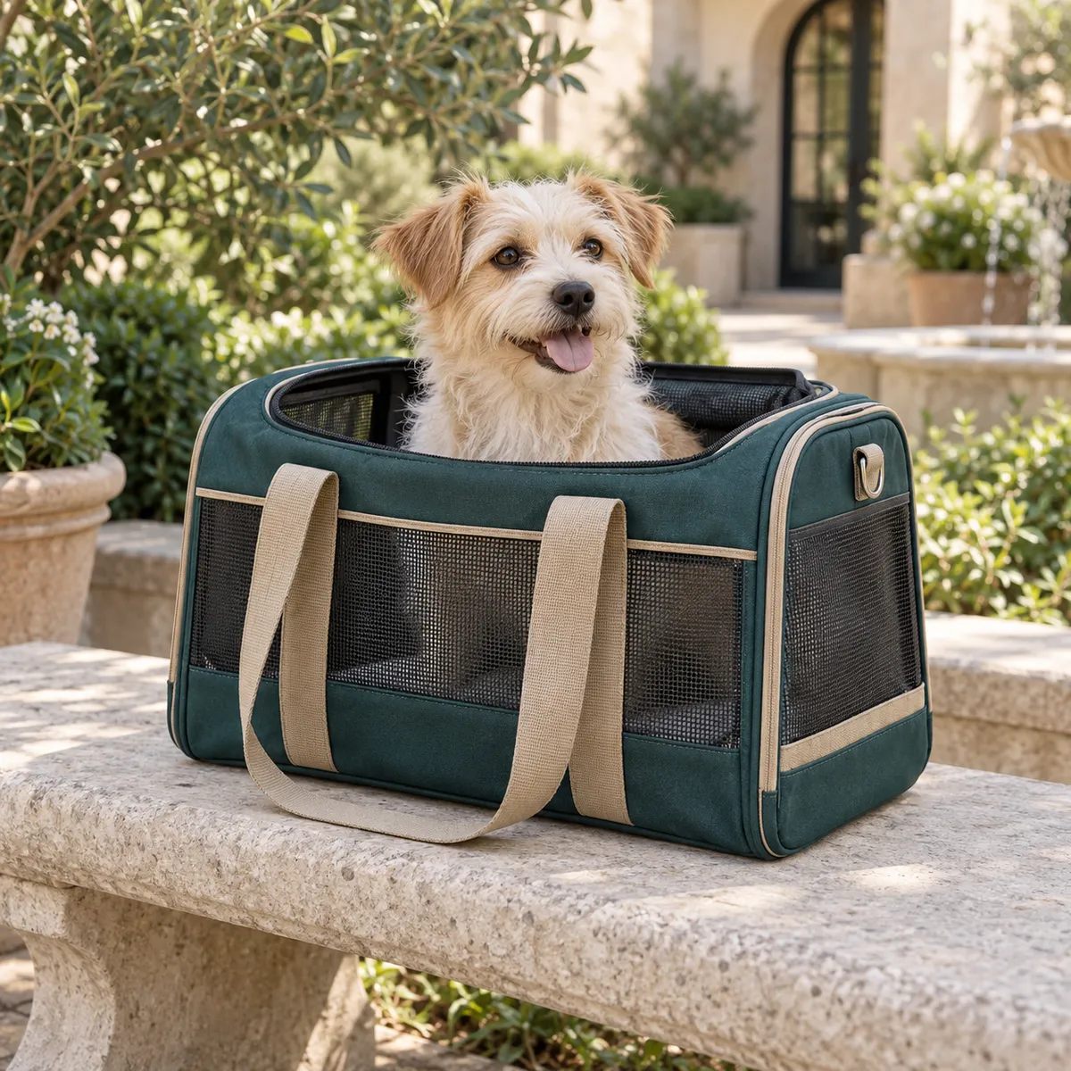 Ein kleiner Terrier entspannt sich in einer türkisfarbenen Transportbox in einem Gartenhof.