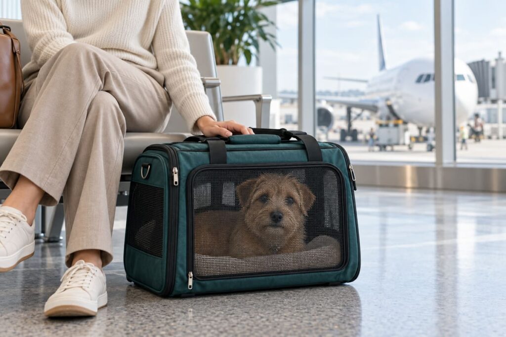 A small dog resting inside a closed teal pet carrier beside a seated traveler at an airport.