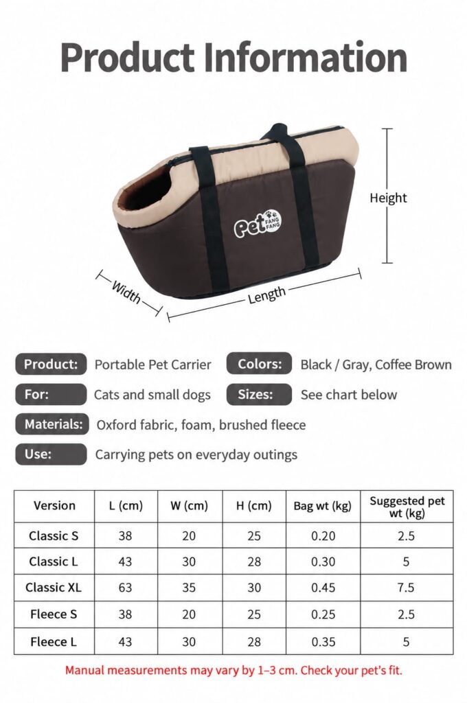 Dog bag pet carrier size and weight specifications