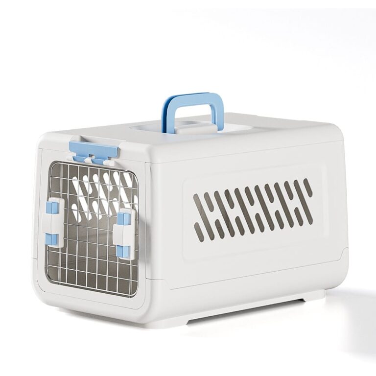 White and blue foldable hard-shell pet carrier.