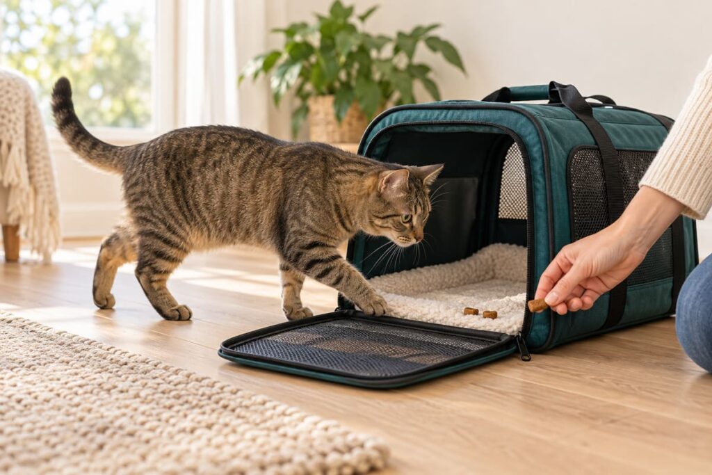 A tabby cat approaching an open teal pet carrier with a soft blanket and treats.