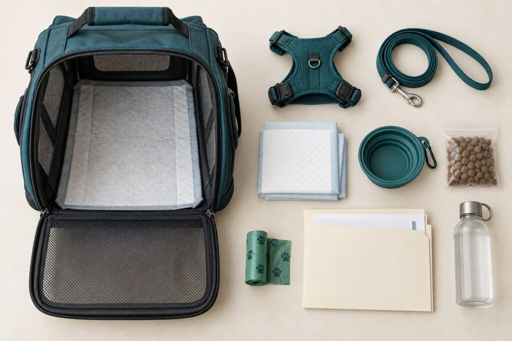A teal pet carrier with a harness, leash, absorbent liners, bowl, food, waste bags, documents, and an empty water bottle.