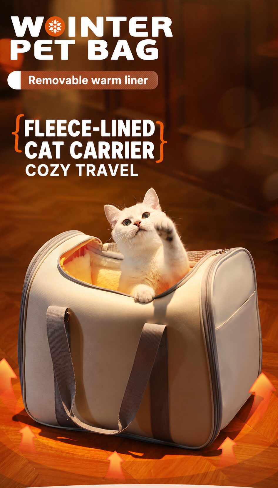 Cat in the fleece-lined carrier with English winter travel captions