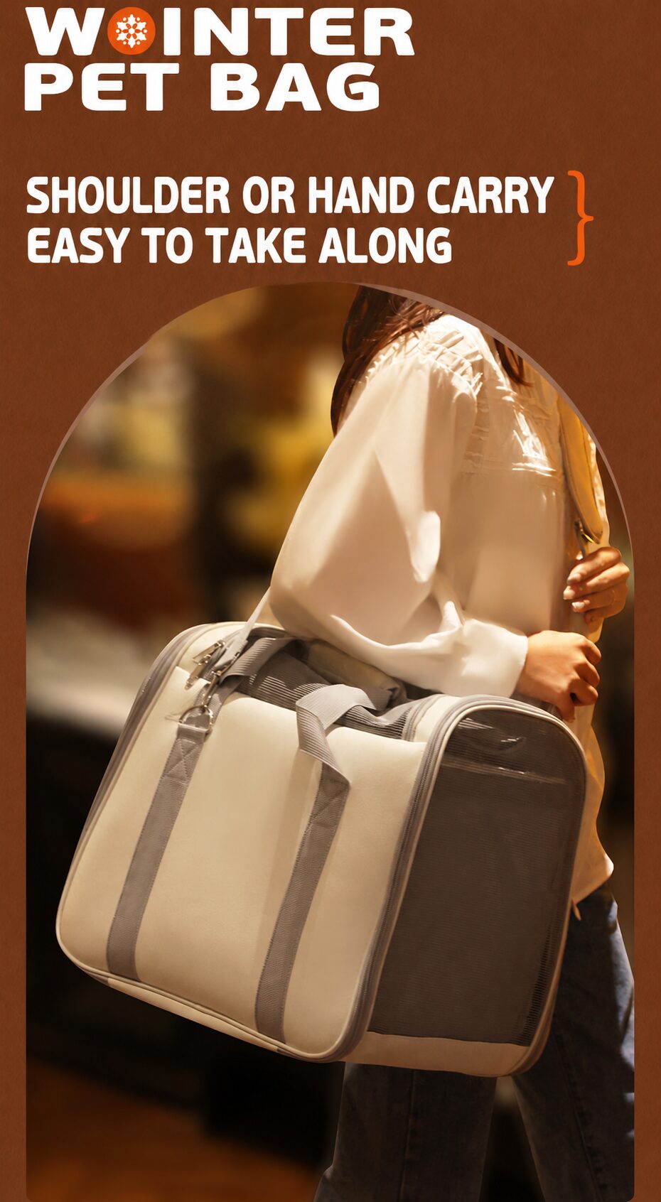 Adjustable shoulder strap used to carry the beige cat carrier