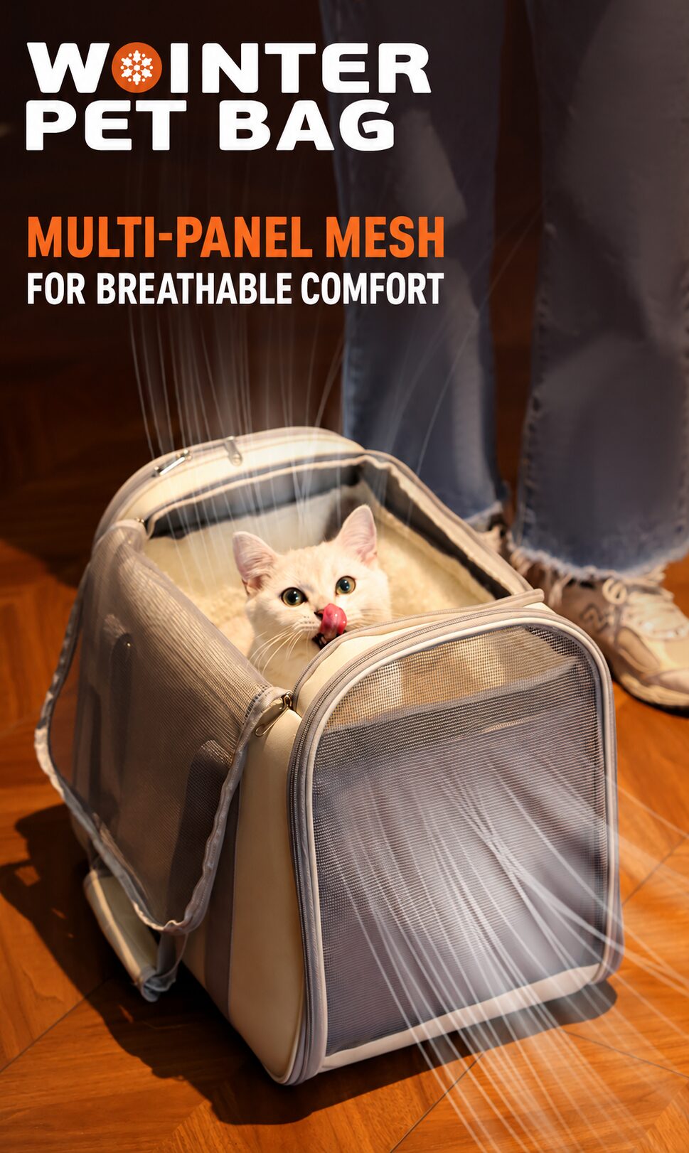 Mesh ventilation panels on the soft-sided cat carrier