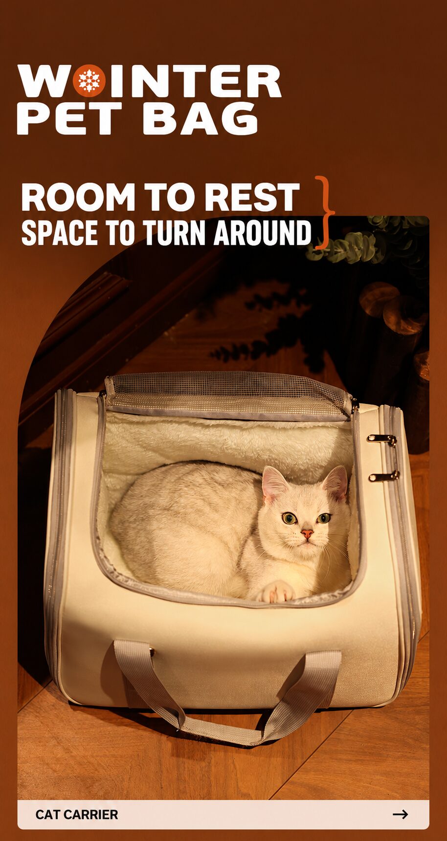 Top view of a cat resting inside the plush-lined carrier