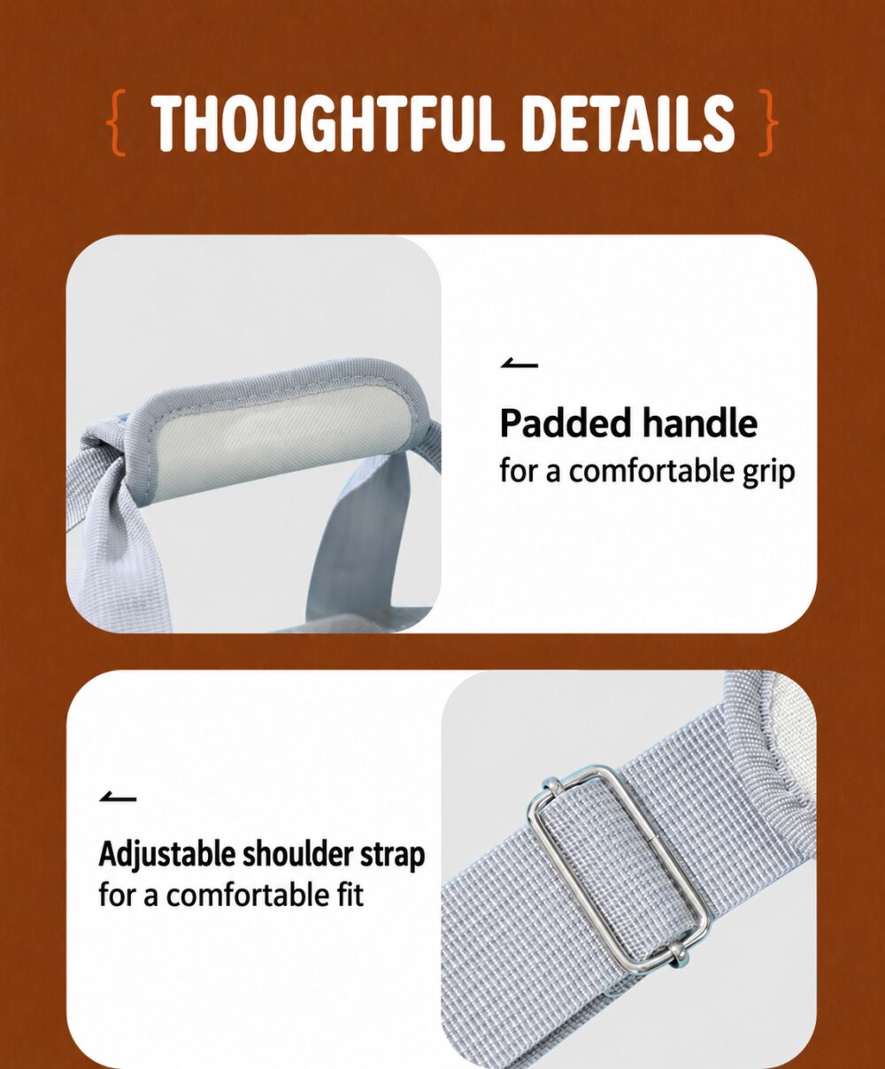 Padded handle and adjustable shoulder strap close-ups