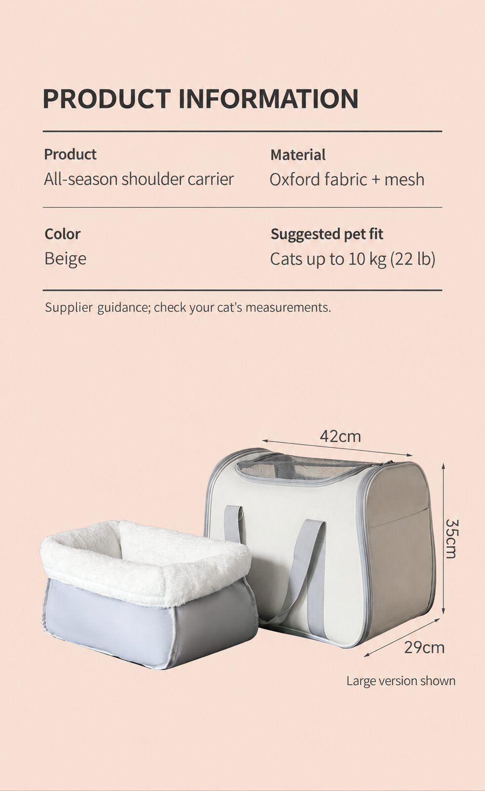 English specifications for the large beige Oxford fabric and mesh cat carrier