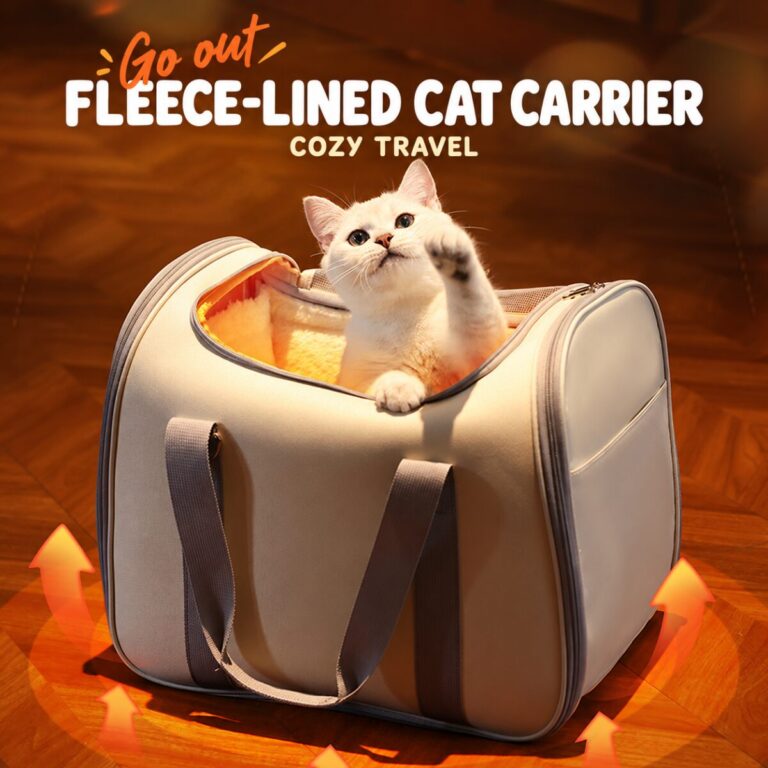 Cat in a beige soft-sided carrier with a plush fleece liner