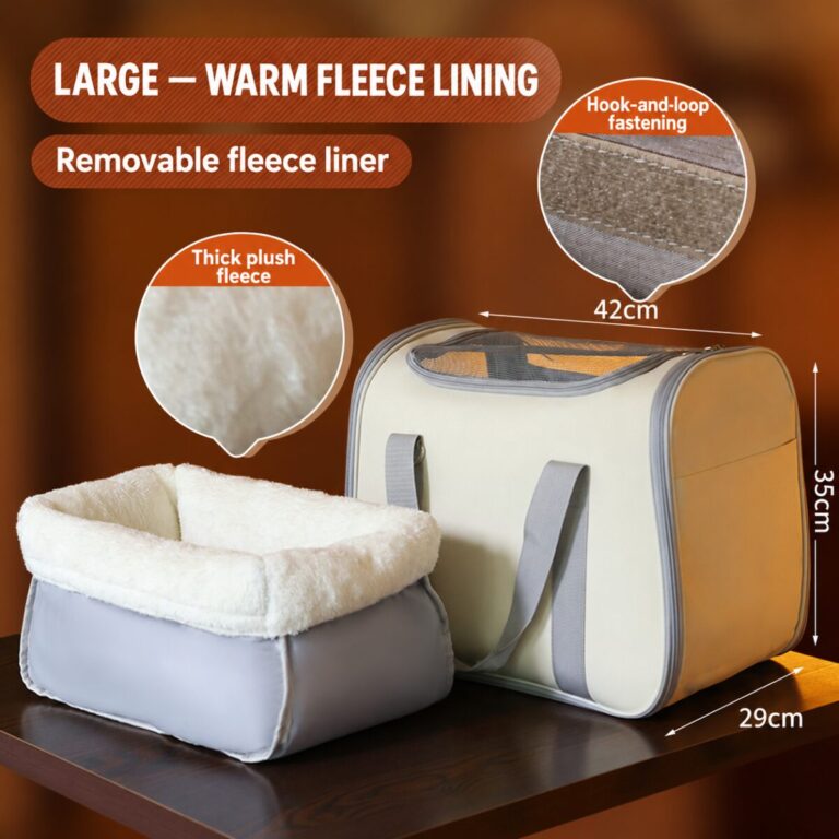 Large fleece-lined cat carrier measuring 42 by 29 by 35 centimeters