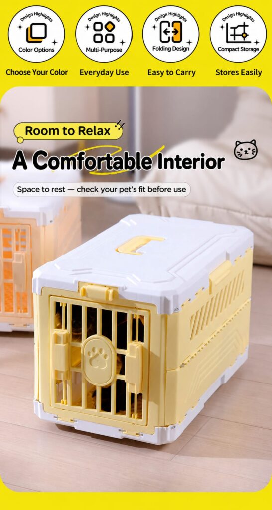 Cream yellow pet carrier with front grille and a roomy interior