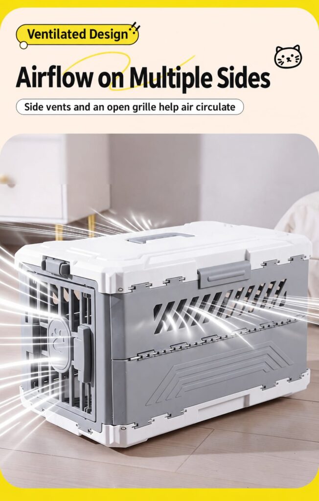 Gray pet carrier showing side ventilation slots and front grille