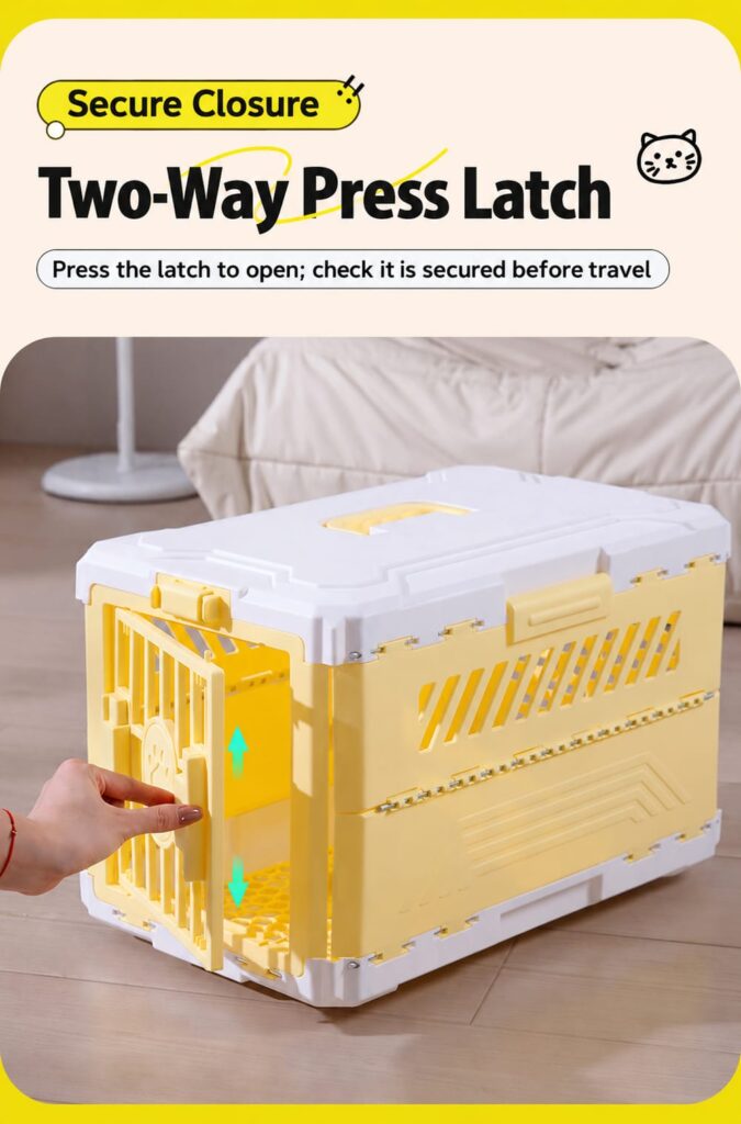 Two-way press latch on the front door of the pet carrier
