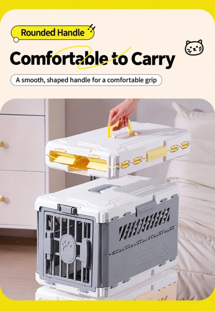 Rounded carry handle on the folding pet carrier