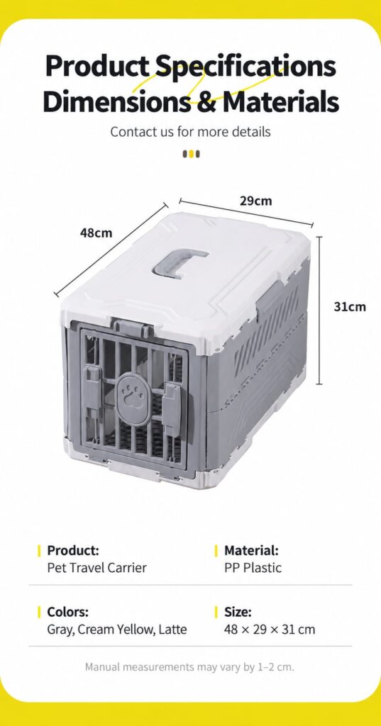 Cat travel carrier specifications and 48 by 29 by 31 cm external dimensions