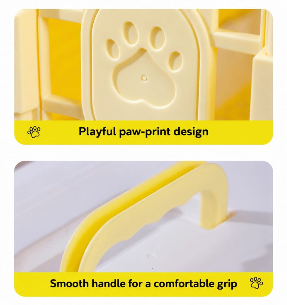 Paw-print door detail and smooth carry handle