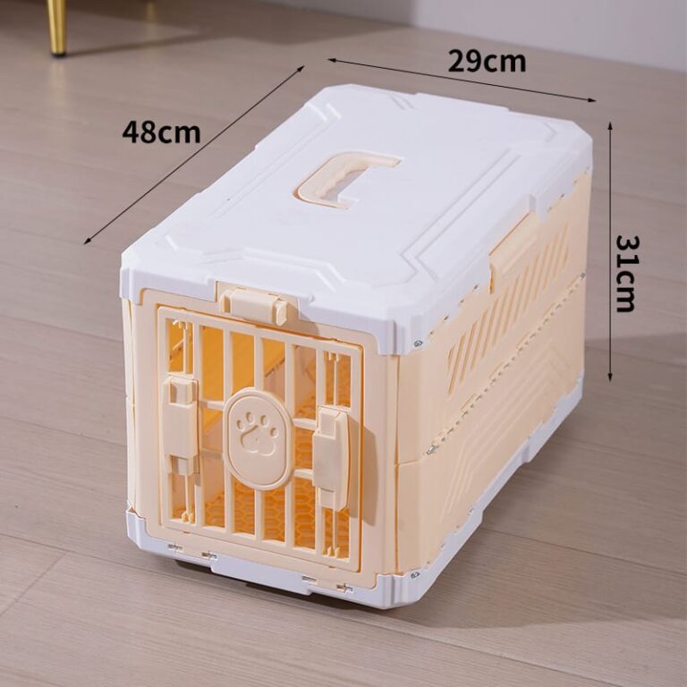 Latte and white cat travel carrier with dimensions