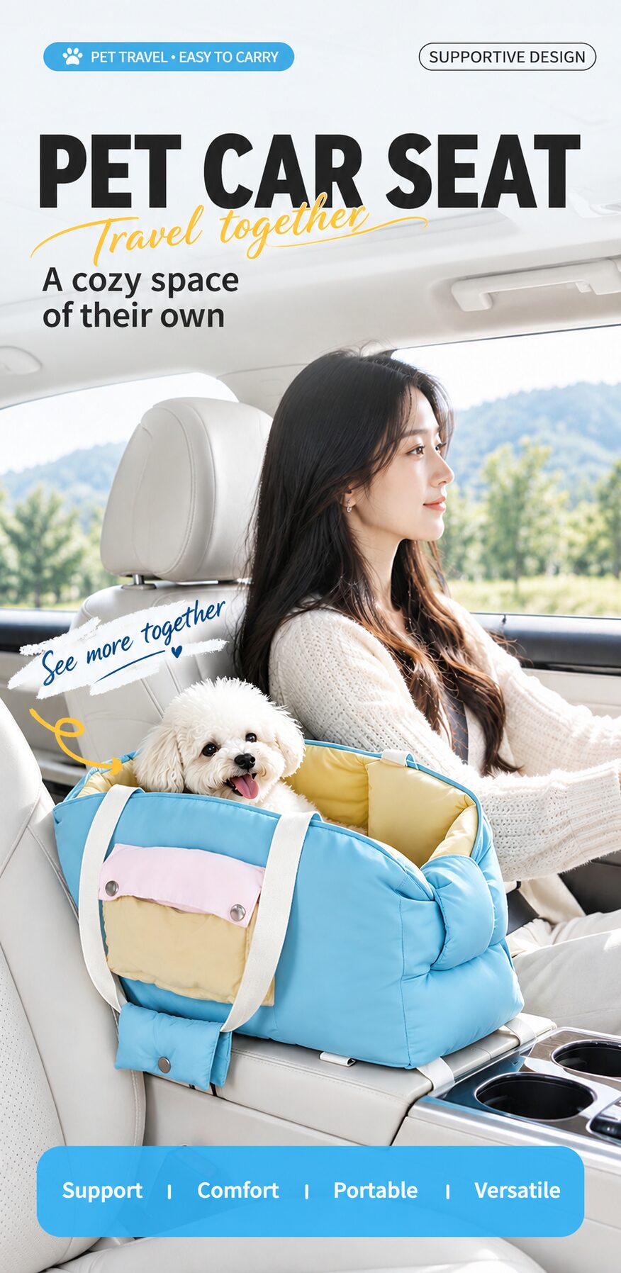 CozyRide pet car seat shown on a vehicle center console
