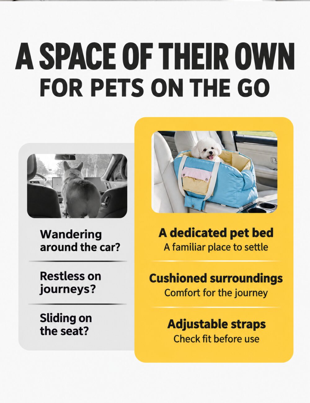 English overview of the pet car seat’s dedicated space and comfort features