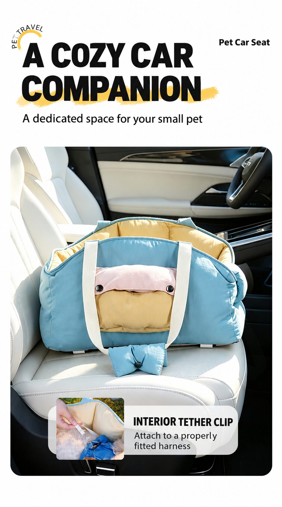 Pet car seat with an inset showing the interior tether clip