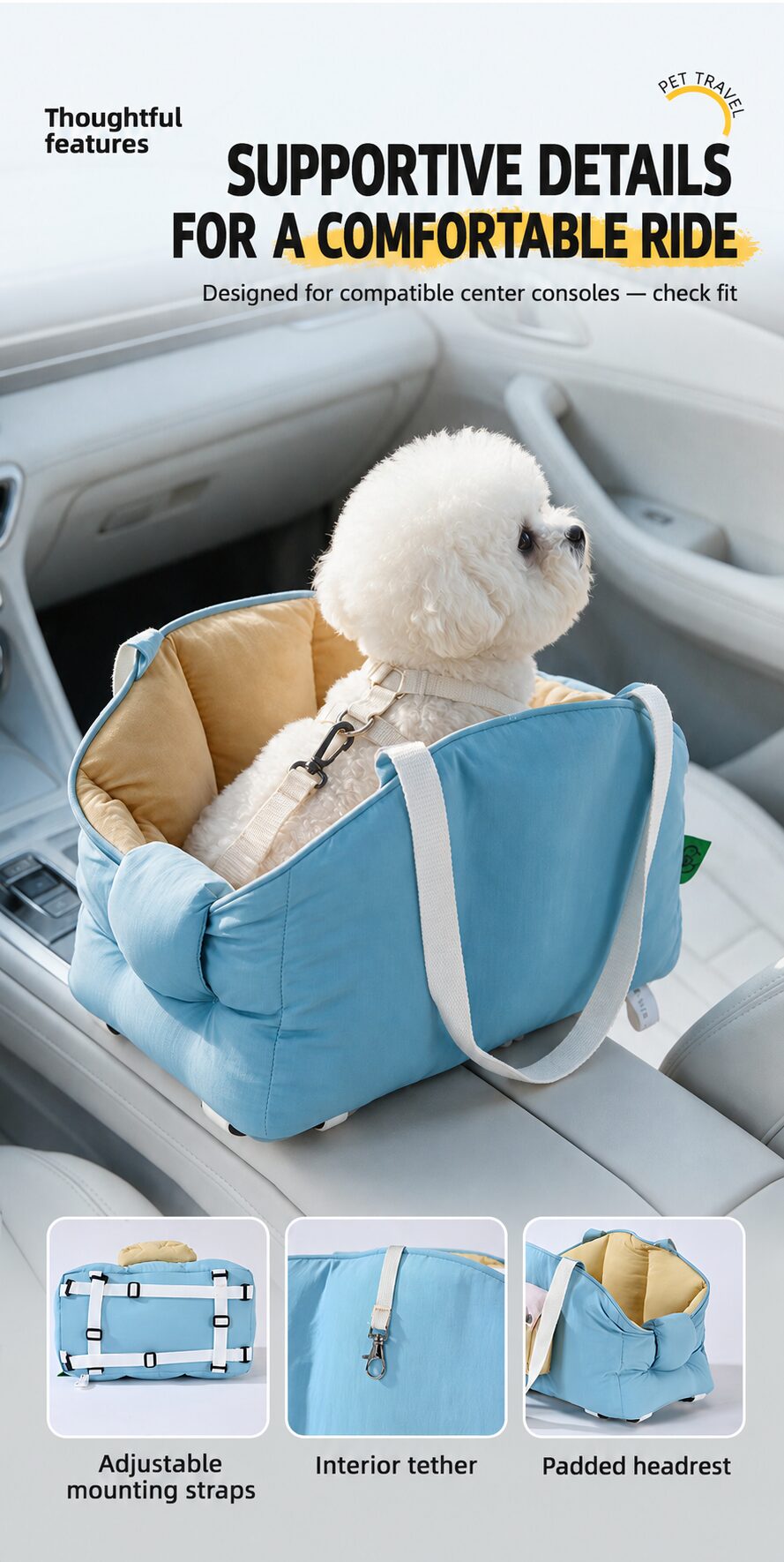 Mounting straps, interior tether, and padded headrest details