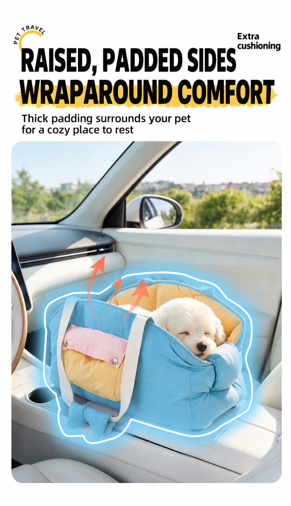 Raised padded sides and headrest surrounding a resting dog
