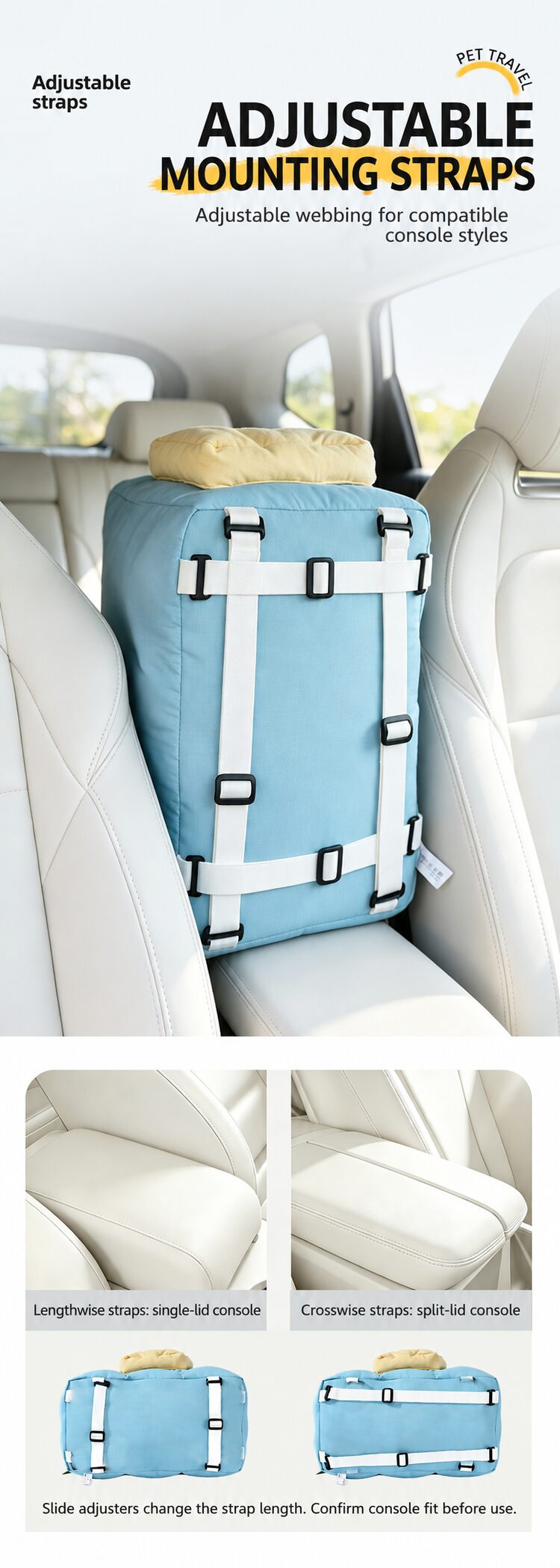 Adjustable underside straps and single-lid or split-lid console arrangements