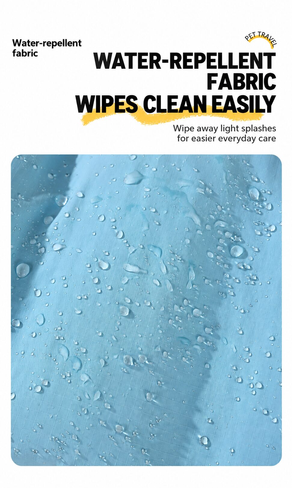 Water droplets on the blue water-repellent outer fabric