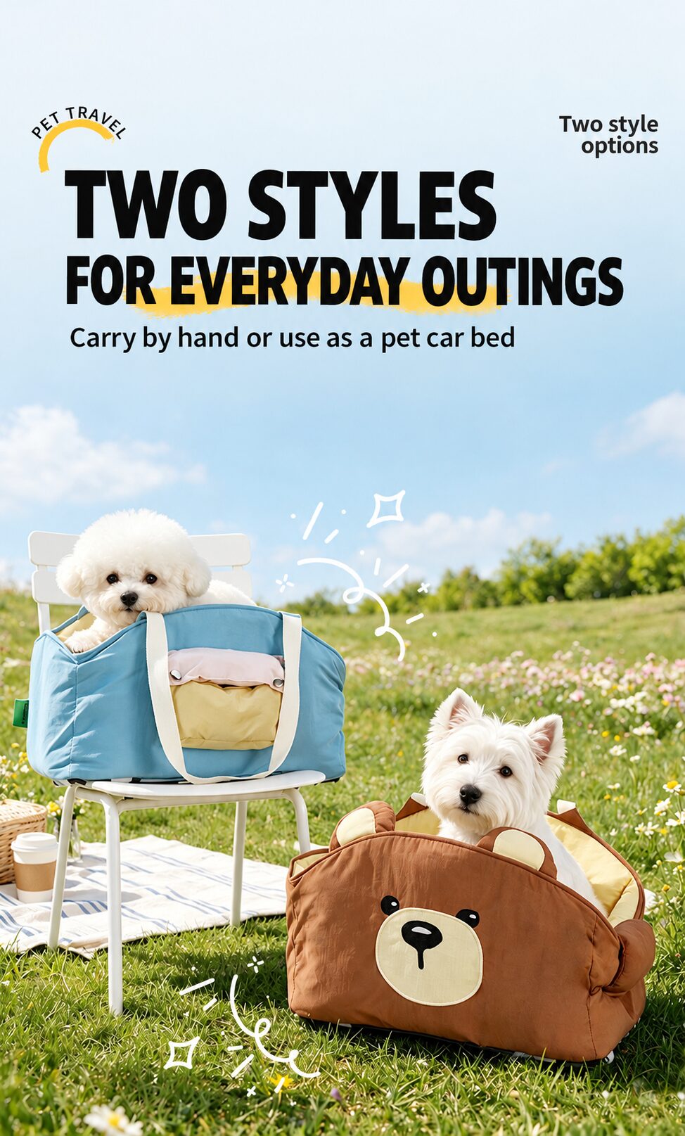 Blue and yellow and brown bear-style pet carriers outdoors