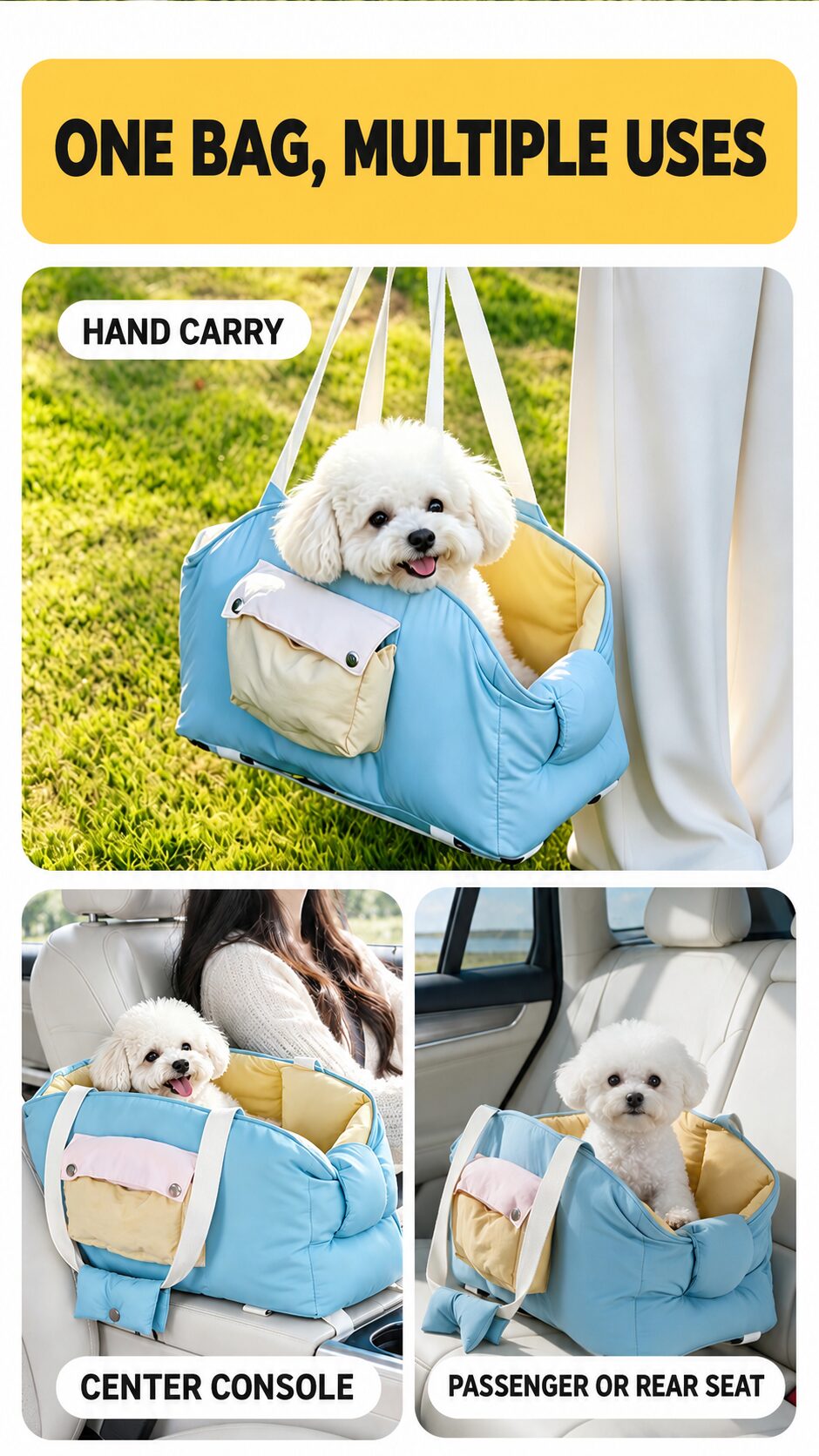 Pet carrier shown for hand carry, center console, and seat placement