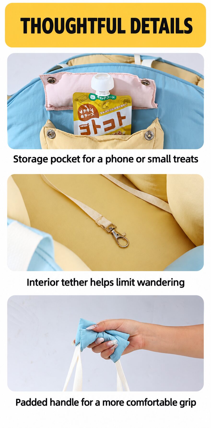 Close-ups of the storage pocket, tether clip, and padded handle