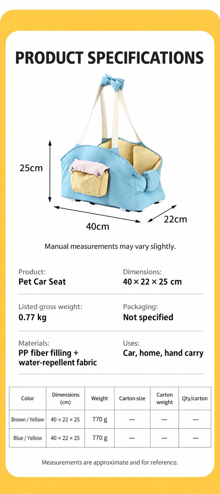 English product specifications with dimensions, materials, and listed weight