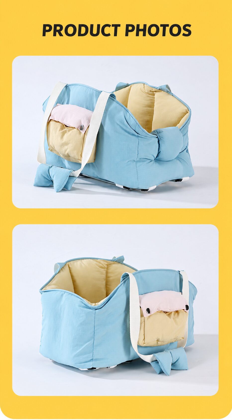 Front and side product views of the blue and yellow CozyRide pet car seat