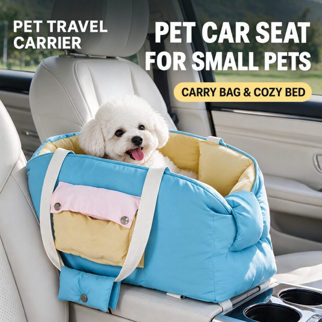Blue and yellow CozyRide pet car seat with a small white dog