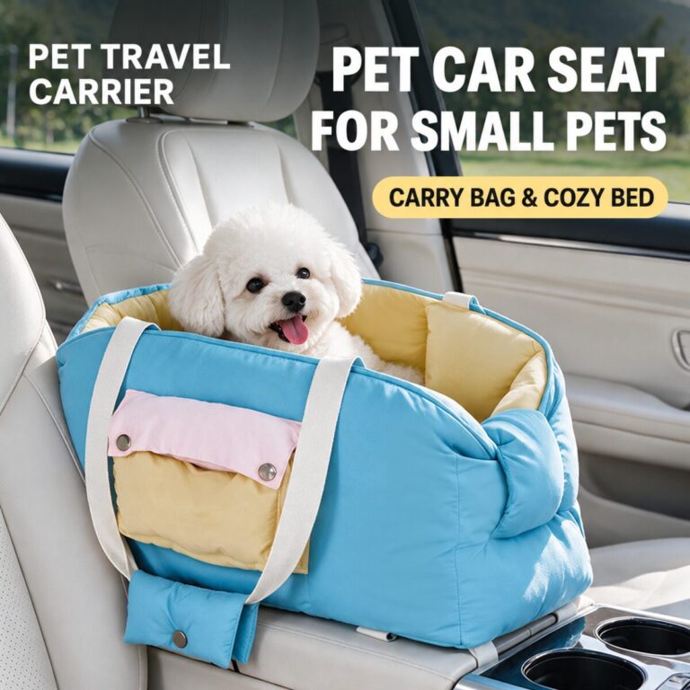 Blue and yellow CozyRide pet car seat with a small white dog