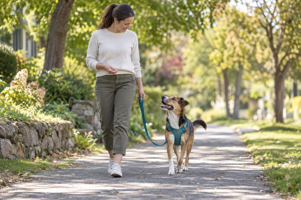 Dog in a teal harness walking beside a handler with a loose leash