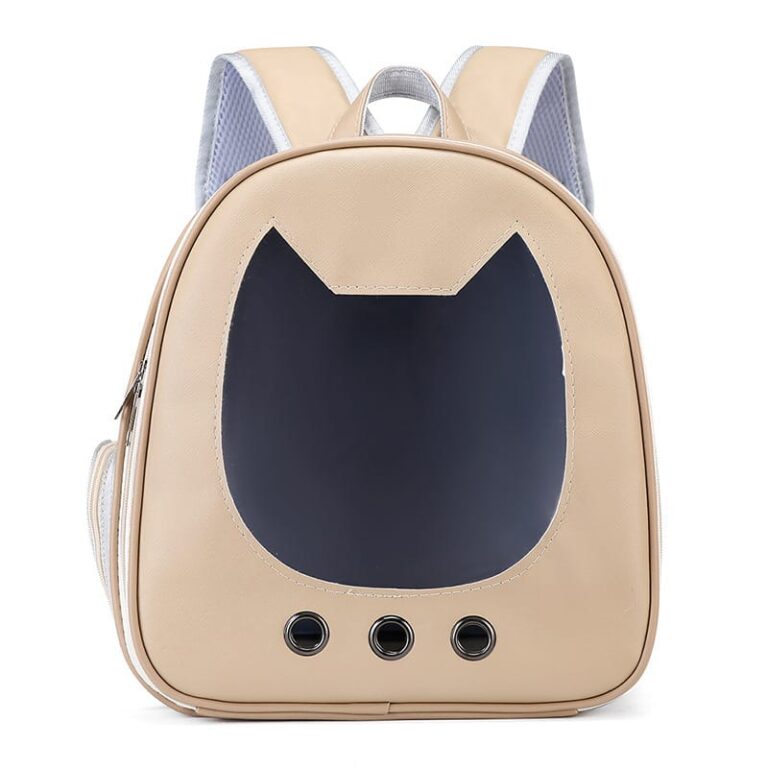 Beige pet carrier backpack with a cat-shaped front window
