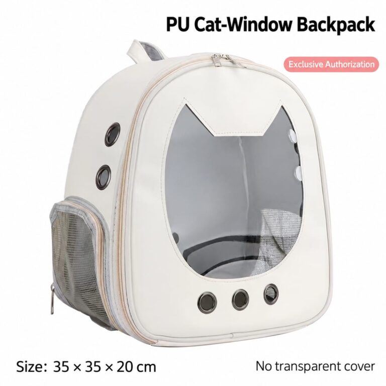 White cat carrier backpack option with supplier size and component notes
