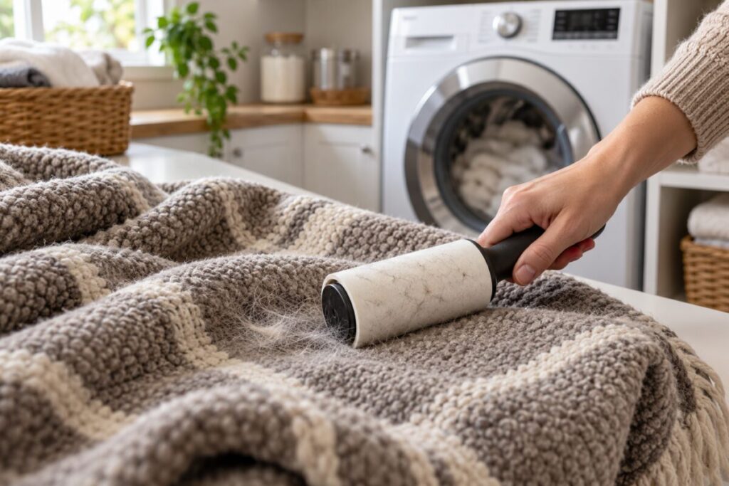 Une main enlève les poils d'animaux d'une couverture texturée à l'aide d'un rouleau adhésif, à côté d'une machine à laver.