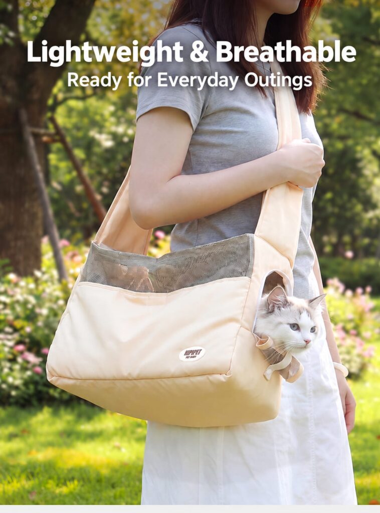 Lightweight pet sling bag carried on the shoulder outdoors