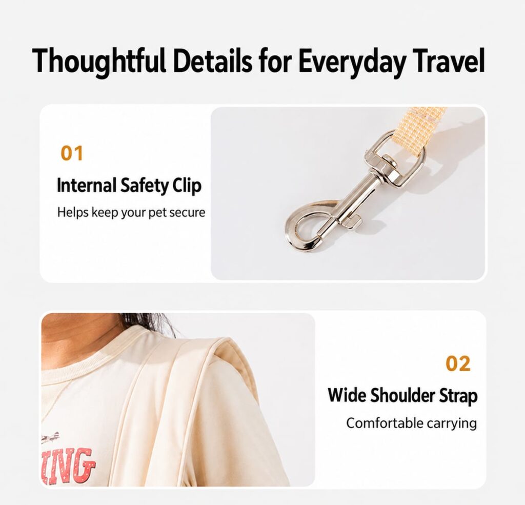 Internal safety clip and wide shoulder strap