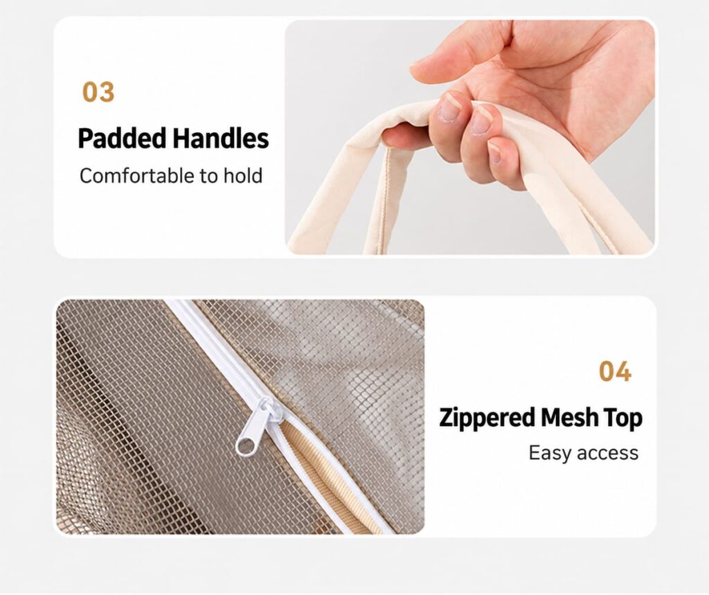 Padded carrying handles and zippered mesh top