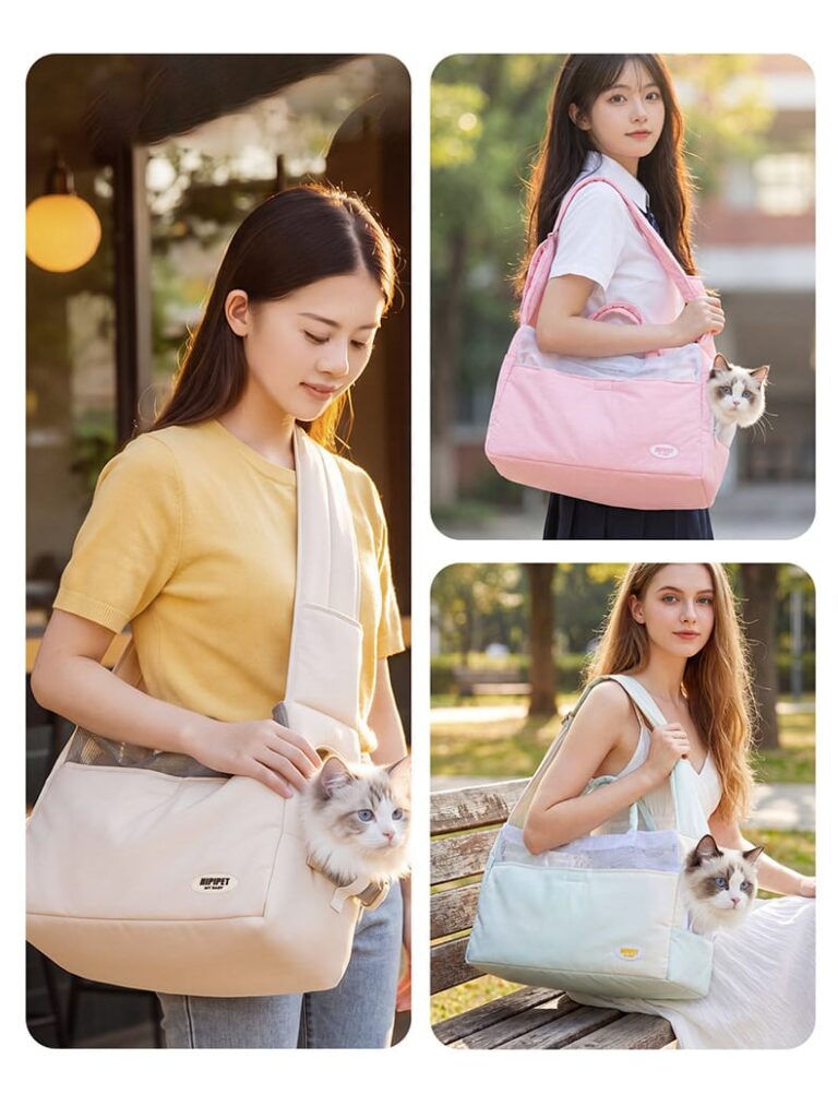 Three pet sling bag colors shown in lifestyle photographs