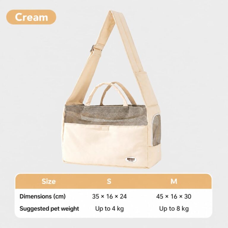 Cream pet sling bag with S and M size guide