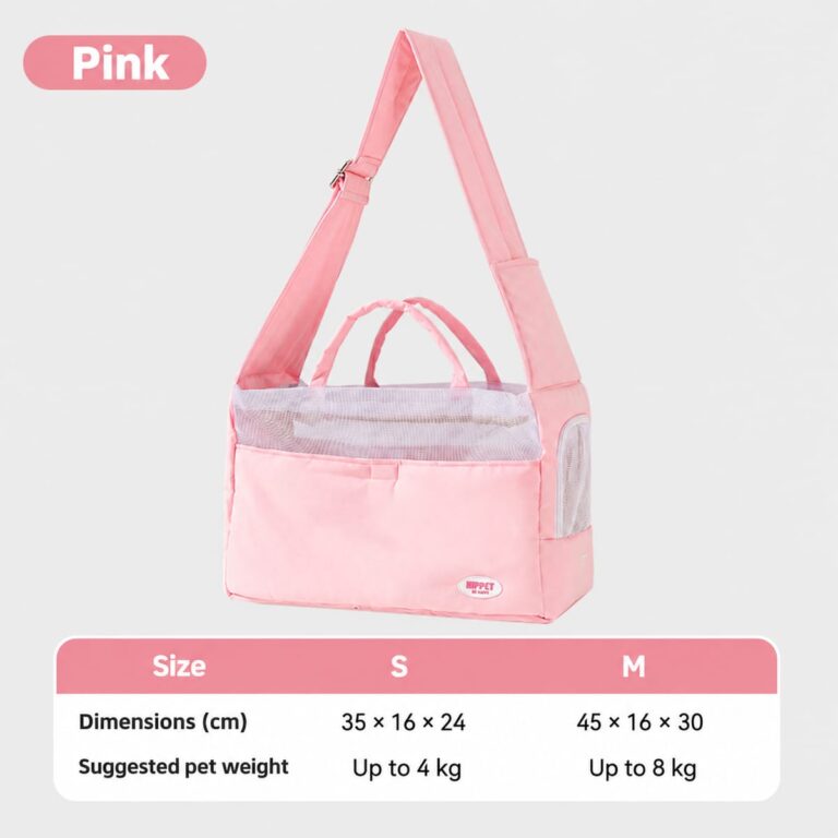 Pink pet sling bag with S and M size guide