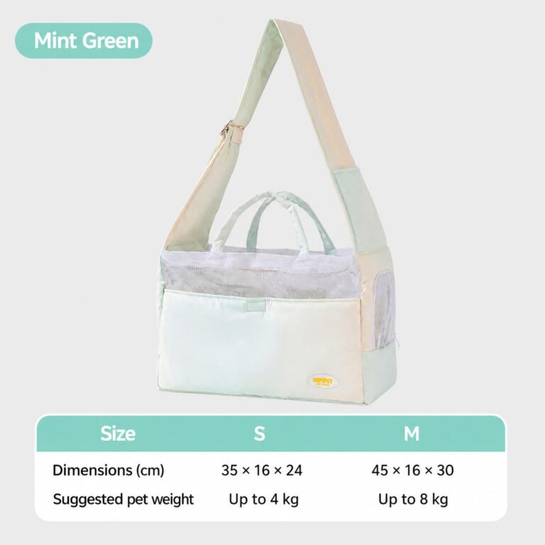 Mint green pet sling bag with S and M size guide