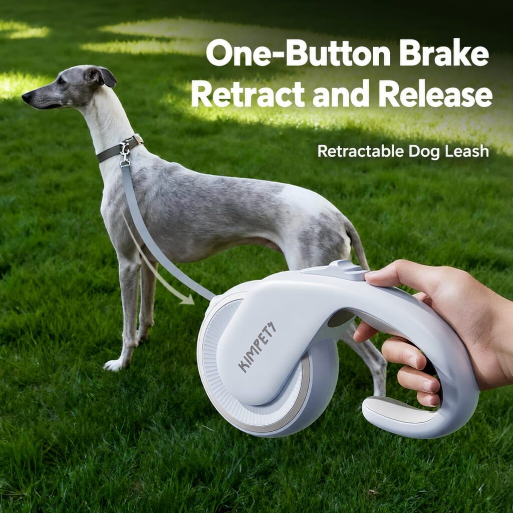 Rubberized retractable dog leash with a one-button brake