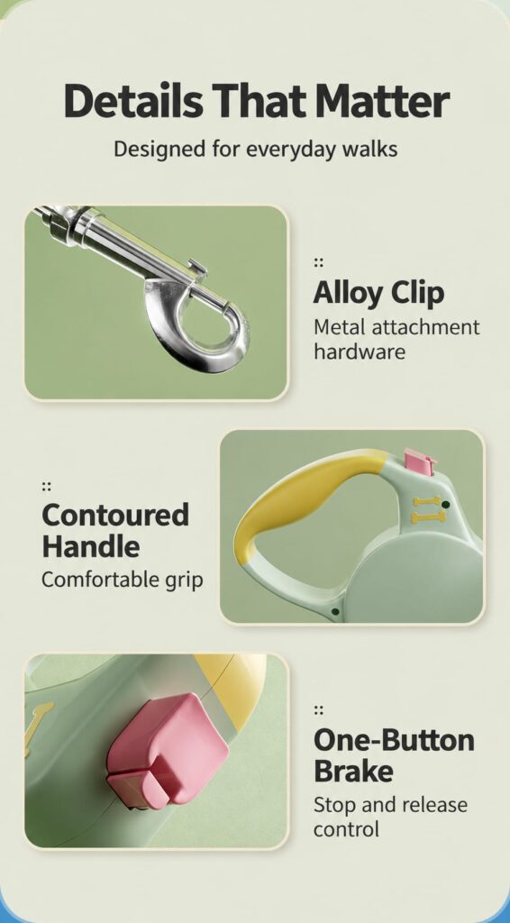Alloy attachment clip, contoured handle and brake button
