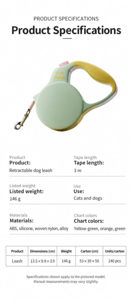 Supplier specifications for the pictured green and yellow 3 m leash
