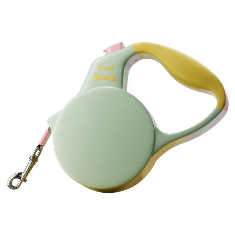Green and yellow retractable dog leash on a white background